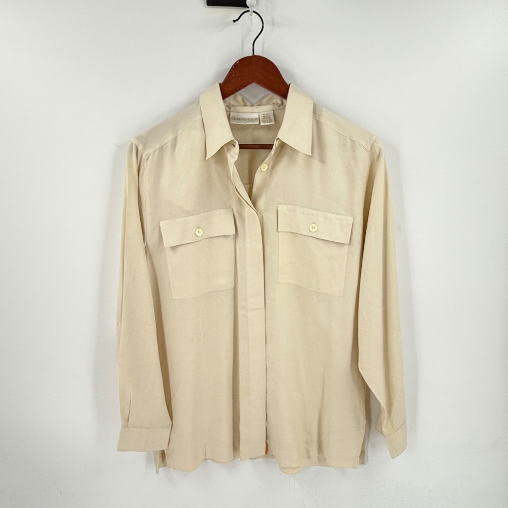 Christie & Jill 100% Silk Ivory Blouse PM Vintage Minimalist Professional Chic